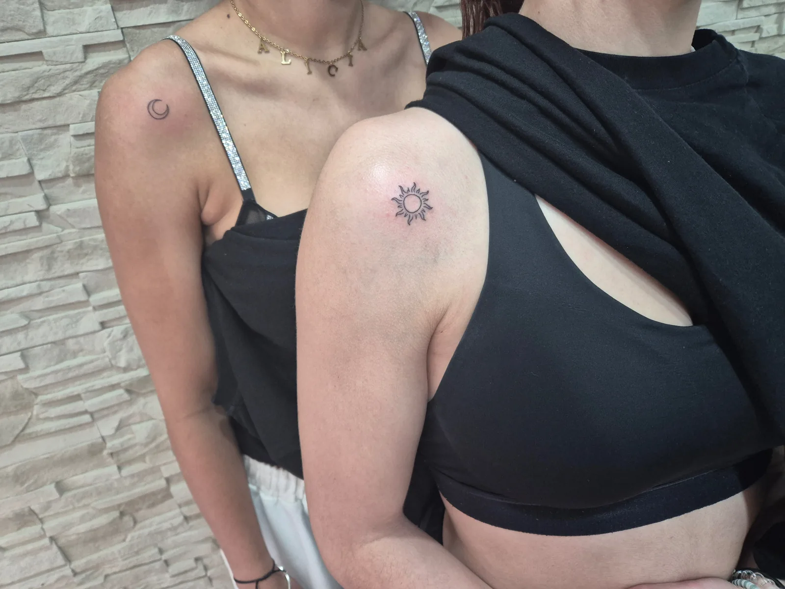 Couple sun moon matching shoulder tattoo Paris – Showtime Tattoo